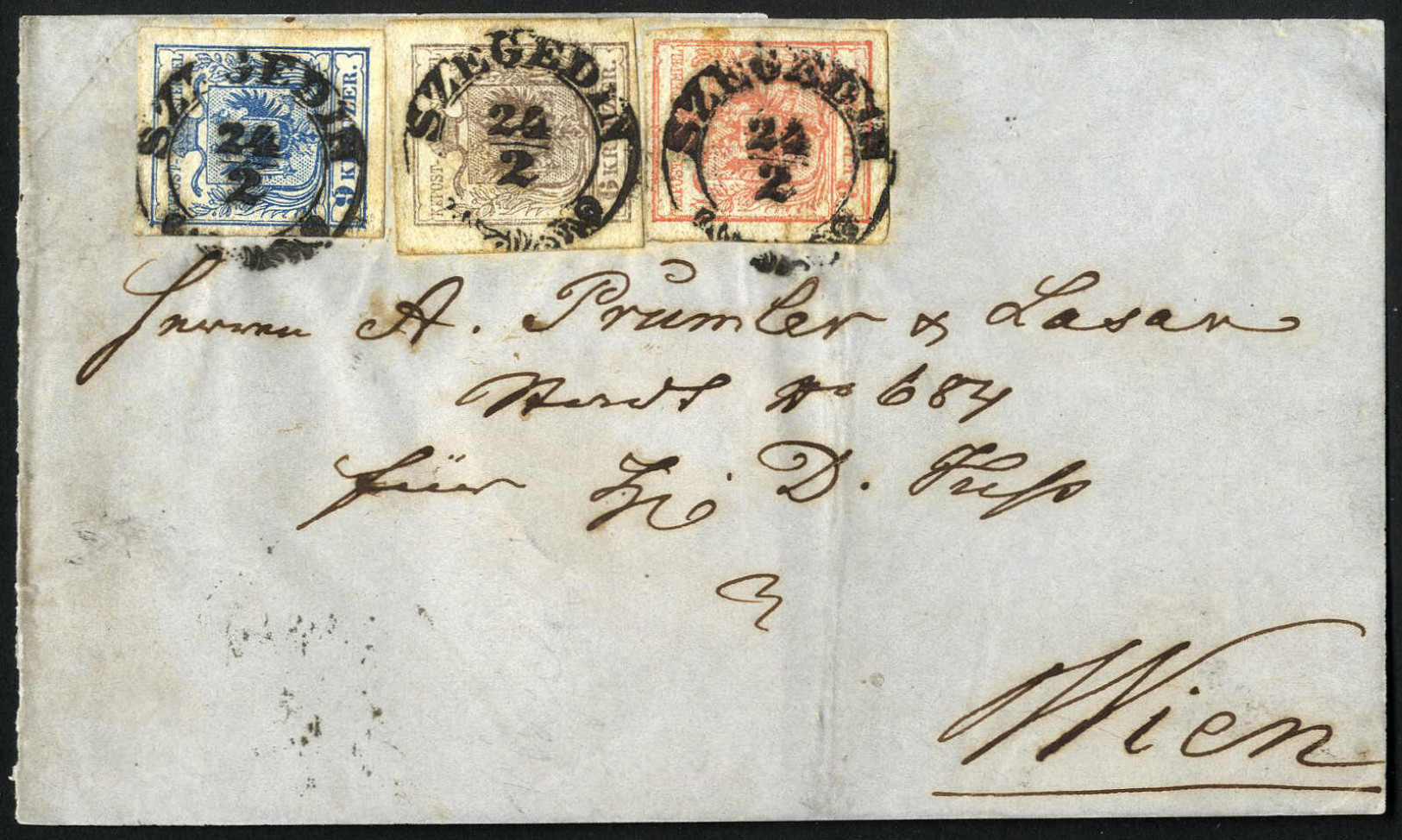 1850-es osztrák könyvnyomatos bélyegek SZEGEDIN (ma Szeged) bélyegzéssel